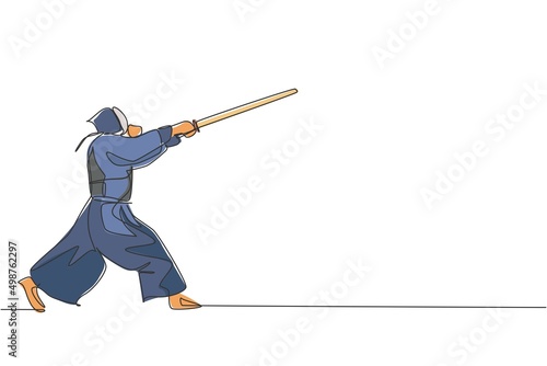 One single line drawing of young energetic man exercise attack kendo move with wooden sword at gym center vector graphic illustration. Combative fight sport concept. Modern continuous line draw design