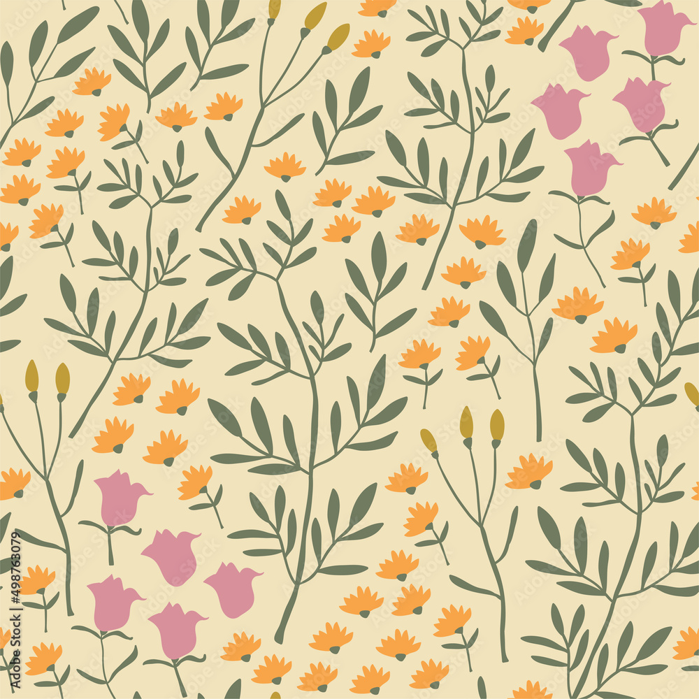 Cute floral pattern in the small flower. Ditsy print. Seamless vector texture. Elegant template for fashion prints. Printing with small white flowers. Light orange background.