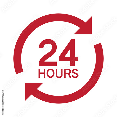 Twenty four hour with arrow loop icon, 24 hours cyclic sign, Opened order execution or delivery, All day business and service, Vector design illustration