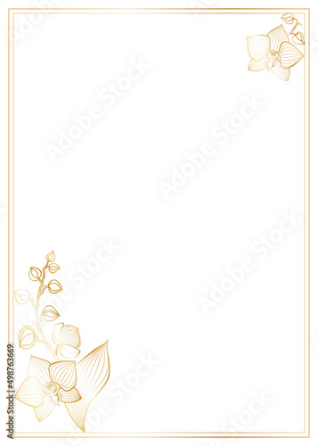 Postcard template with rectangular frame, orchid branches with flowers, buds at the corners, freehand outline drawing with liner, golden gradient.