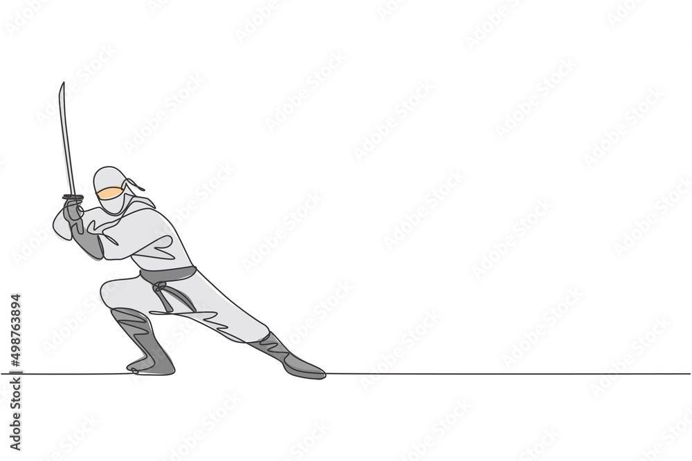 Single continuous line drawing of young Japanese culture ninja warrior on mask costume with attacking stance pose. Martial art fighting samurai concept. Trendy one line draw design vector illustration Single continuous line drawing of young Japanese culture ninja warrior on mask costume with attacking stance pose. Martial art fighting samurai concept. Trendy one line draw design vector illustration
