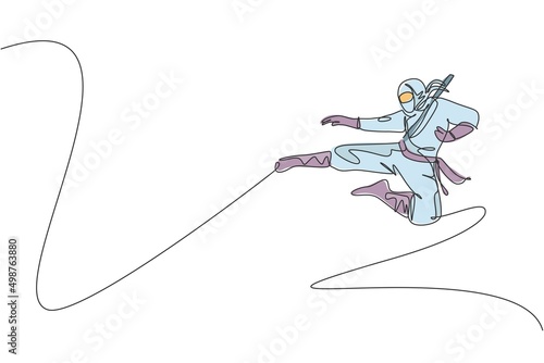 Single continuous line drawing of young Japanese culture ninja warrior with jumping kick attack pose. Martial art fighting samurai concept. Trendy one line draw graphic design vector illustration