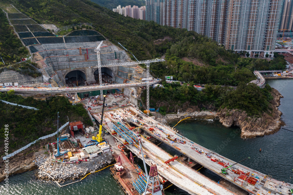 Aerial view of Bridge under construction in Tseung Kwan O of Hong Kong