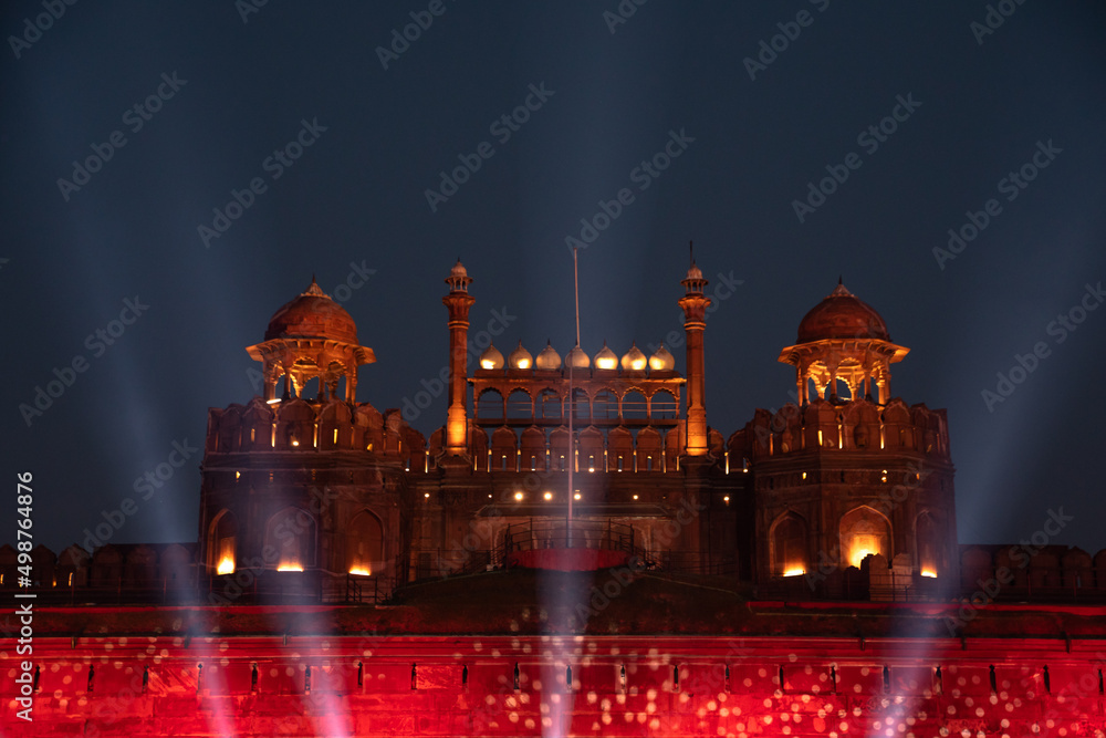 Night view of Red Fort, a UNESCO world heritage site,is a historic fort in the city of Delhi in India. It was the main residence of the emperors of the Mughal