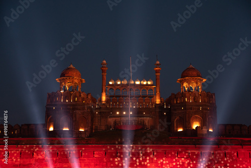 Night view of Red Fort, a UNESCO world heritage site,is a historic fort in the city of Delhi in India. It was the main residence of the emperors of the Mughal photo