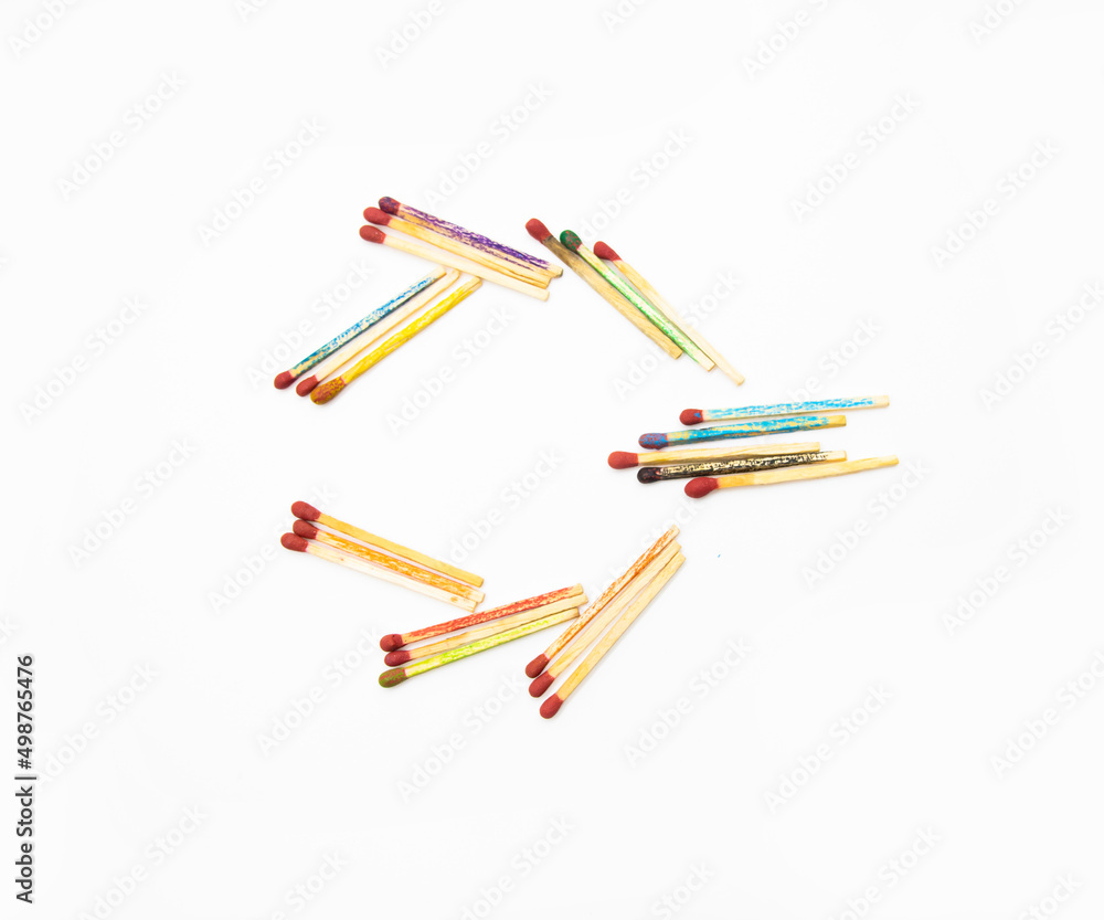 colorful matchstick isolated on white background, top view colorful matchstick isolated on white background, top view