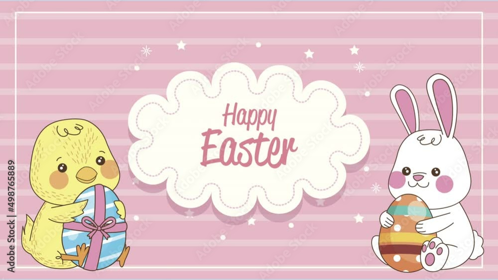 happy easter lettering with rabbits and eggs happy easter lettering with rabbits and eggs
