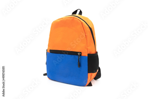 A beautiful blue-orange student bag isolated on a white background photo