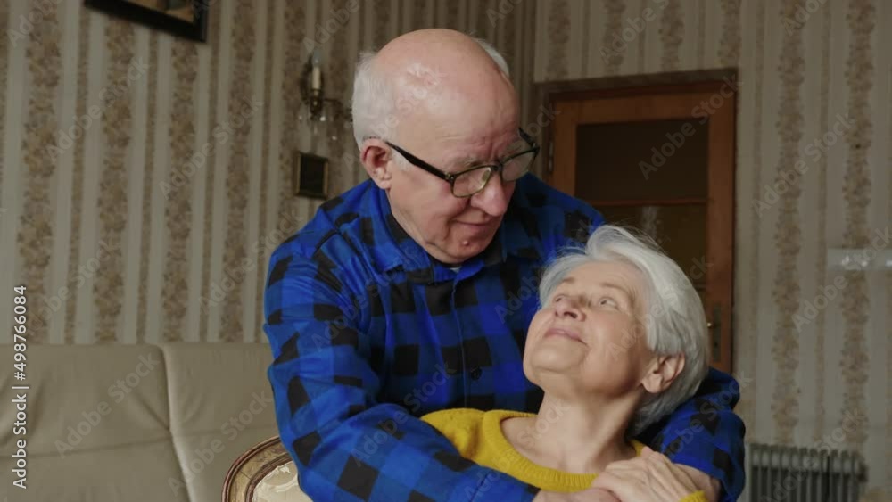 Portrait of the senior Caucasian couple hugging and looking at each other, love and affaction at every age, . High quality 4k footage Portrait of the senior Caucasian couple hugging and looking at each other, love and affaction at every age, . High quality 4k footage