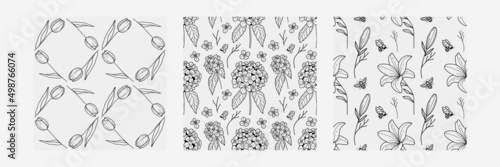 Set of seamless floral patterns in line art style, outline floral patterns, geometric pattern of tulips, hydrangea and bee pattern, lily and bee pattern