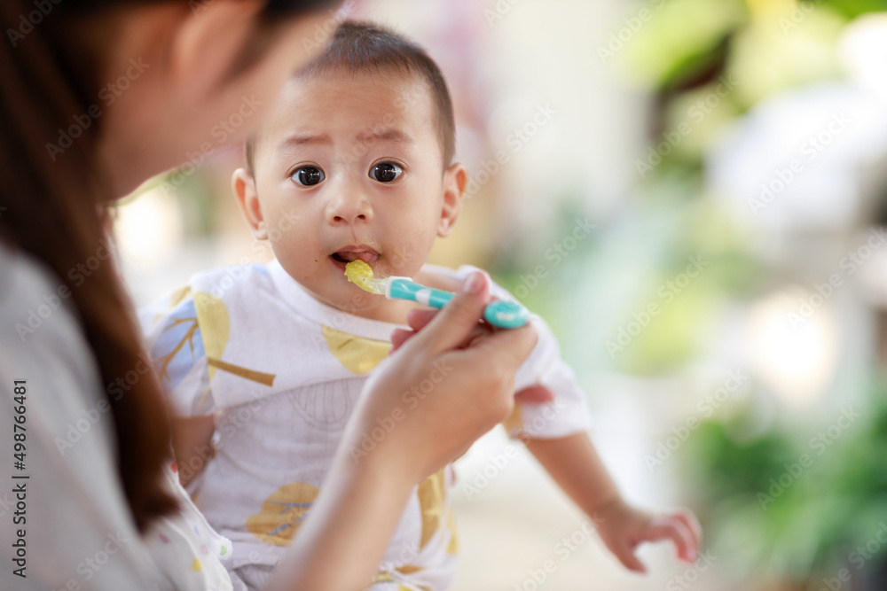 Asian babies enjoy nutritious food for the first month. Healthy baby concept. Asian babies enjoy nutritious food for the first month. Healthy baby concept.