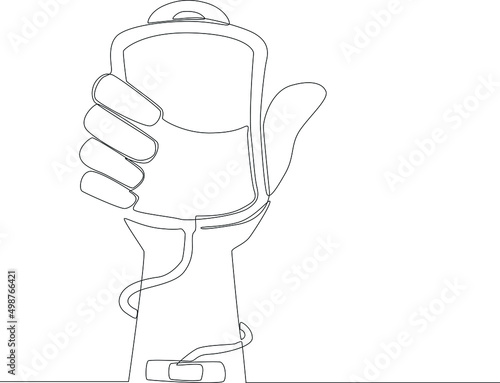 Single continuous line drawing a hand holding a blood bag  transfusion to his hand. One line draw graphic design vector illustration.