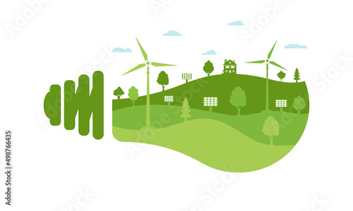 Ecology concept and environment conservation. Green house, green trees, blue clouds and renewables source energy inside light bulb.