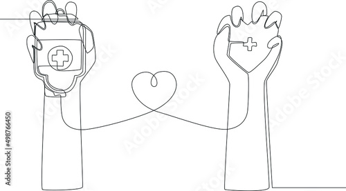 Single continuous line drawing The right hand holds the blood transfusion bag to the left hand holds the heart.  One line draw graphic design vector illustration.
