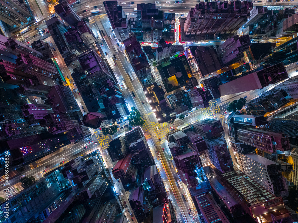 Top down view of Hong Kong city at night - obrazy, fototapety, plakaty 