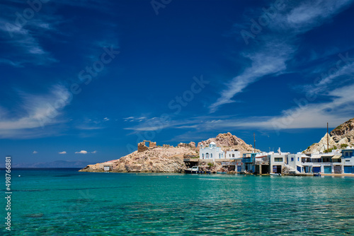 Greek village scenic picturesque view in Greece - the beach and fishing village of Firapotamos in Milos island, Greece