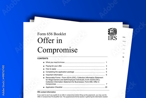 Form 656-B documentation published IRS USA 04.25.2021. American tax document on colored