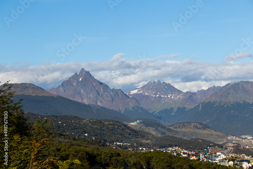 A view from panorama to th harbor and mountains of Ushuaia city