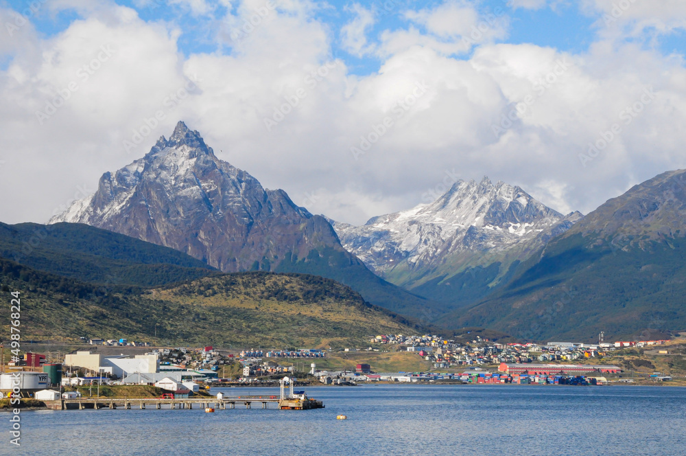 A view of harbor and mountains of Ushuaia city