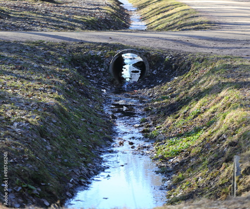 Roadside drainage ditch with water in the park