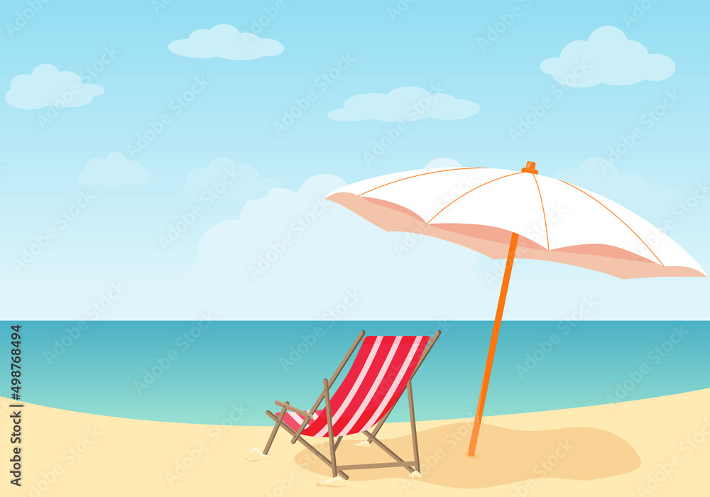 Vector background of sea shore. Good sunny day. Deck chair and beach umbrella on the sand coast. Vector background of sea shore. Good sunny day. Deck chair and beach umbrella on the sand coast.