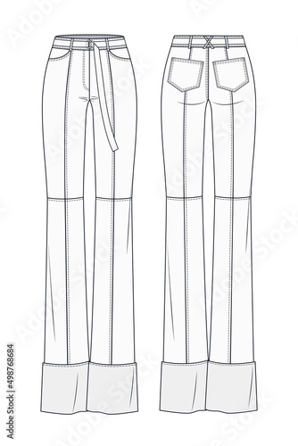 Women Denim pants, Jeans technical fashion flat template. Jeans Pants with full length, normal low waist,  pockets, oversized. Flat apparel front, back white color. Women, men, unisex CAD mockup.