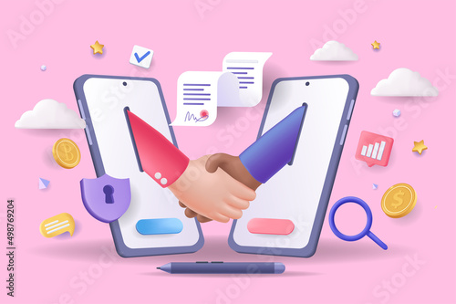 Digital contract concept 3D illustration. Icon composition with businessman handshake from mobile phones and electronic document. Business deal and agreement. Vector illustration for modern web design
