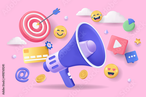 Digital marketing concept 3D illustration. Icon composition with megaphone, video content, target and emoji. Business promotion and advertisement campaign. Vector illustration for modern web design