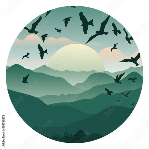 Green Silhouette Mountain Landscape With The Birds