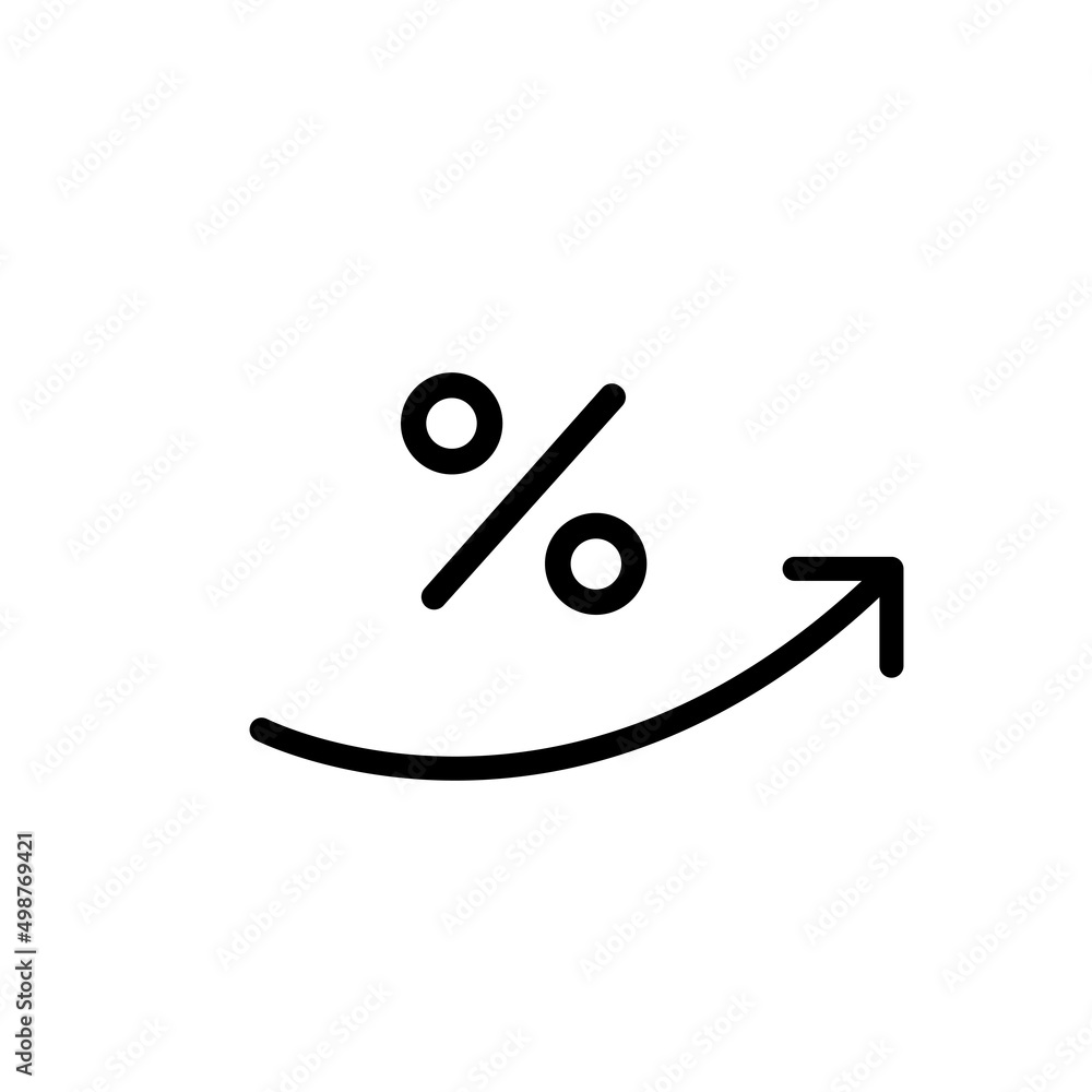 Percent up growth black line icon. Loan, interest, credit percentage symbol. Increase rate. Business concept. Flat isolated illustration for logo, app, banner, web design, dev, ui, gui. Vector EPS 10