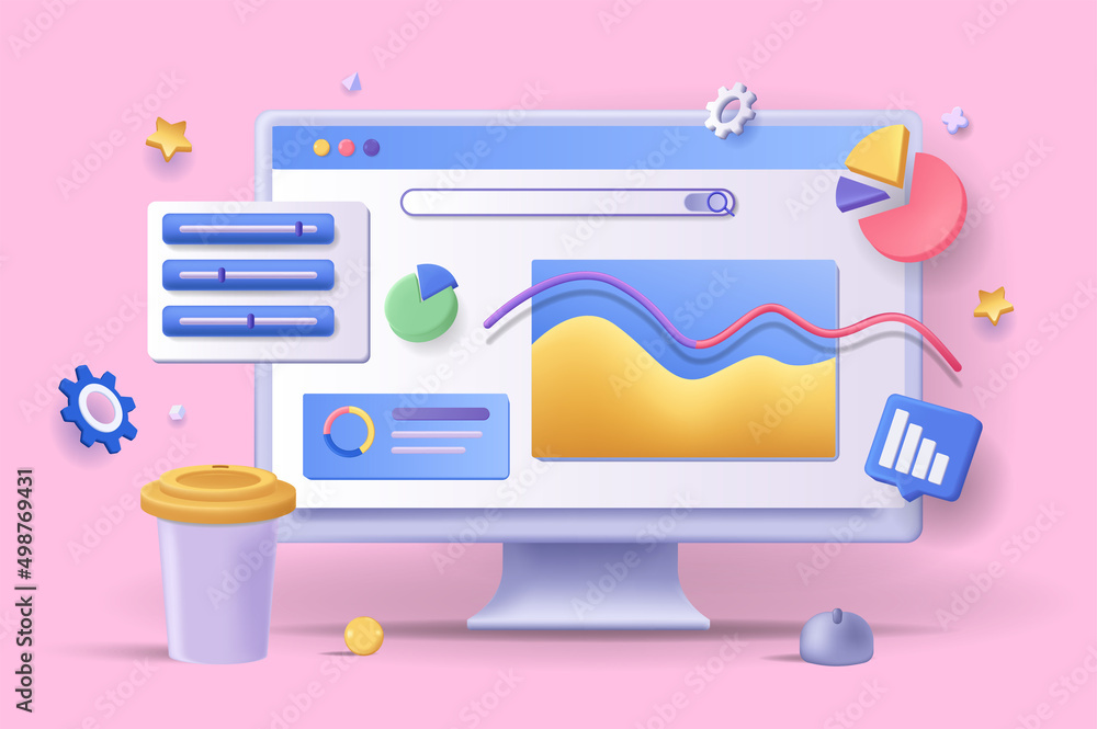 Naklejka premium Online marketing concept 3D illustration. Icon composition with statistics and data analysis at computer screen. Development of success promotion strategy. Vector illustration for modern web design