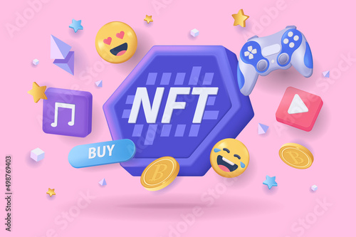 NFT non fungible token concept 3D illustration. Icon composition with cryptocurrency, joystick, video, emoji ant other. Virtual blockchain art marketplace. Vector illustration for modern web design