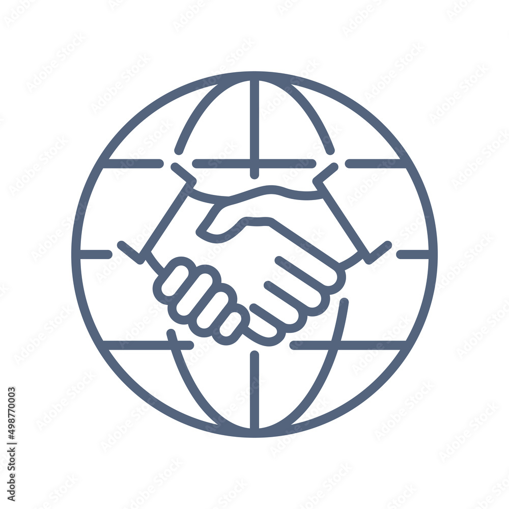 Handshake and globe line icon. International deal contract concept. World partnership linear symbol. Vector isolated on white. Handshake and globe line icon. International deal contract concept. World partnership linear symbol. Vector isolated on white.
