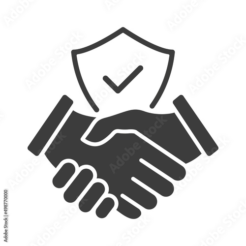 Handshake and shield icon. Business agreement with check mark and protect secure sign. World partnership symbol. Vector isolated on white.