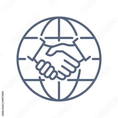 Handshake and globe line icon. International deal contract concept. World partnership linear symbol. Vector isolated on white. photo