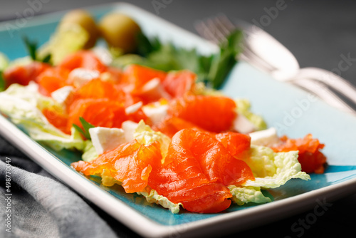 Gourmet food - salad from red raw salmon and herbs on a rectangular plate. Close-up.