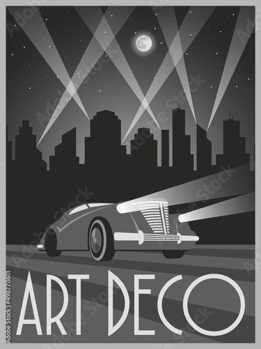 Art Deco Modern Urban Poster. 1920s Streamline Style Cityscape Illustration