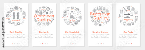 Red car parts white banners set for website and mobile app vector