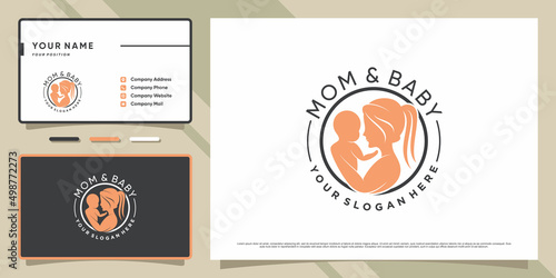 Mom and baby logo with creative concept and business card design Premiumm Vector