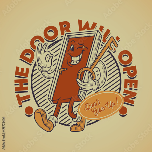 Cartoon emblem of smiling door with retro style