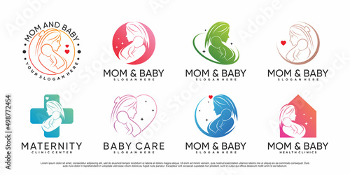 Mom and baby icon set logo design template with creative element Premium Vector