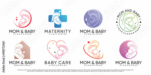 Mom and baby icon set logo design template with creative element Premium Vector