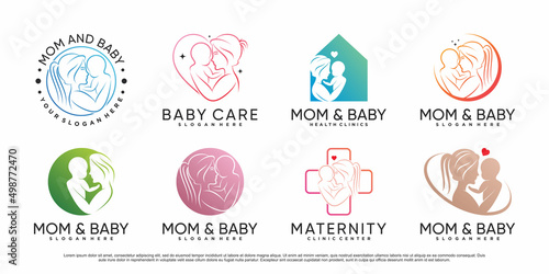 Mom and baby icon set logo design template with creative element Premium Vector