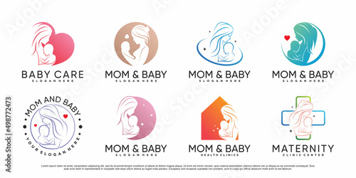 Mom and baby icon set logo design template with creative element Premium Vector