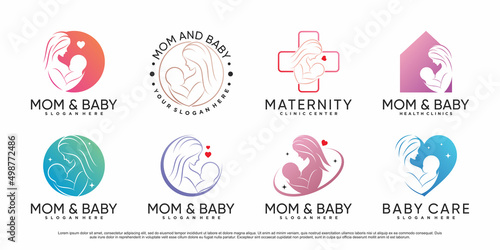 Mom and baby icon set logo design template with creative element Premium Vector