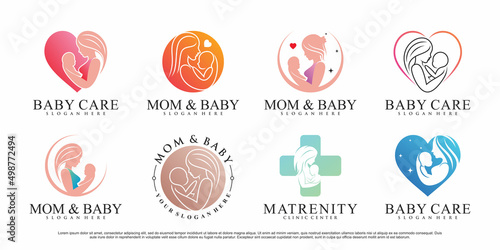 Mom and baby icon set logo design template with creative element Premium Vector