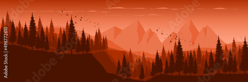 sunrise at mountain with pine tree silhouette flat design vector illustration good for web banner, ads banner, tourism banner, wallpaper, background template, and adventure design backdrop