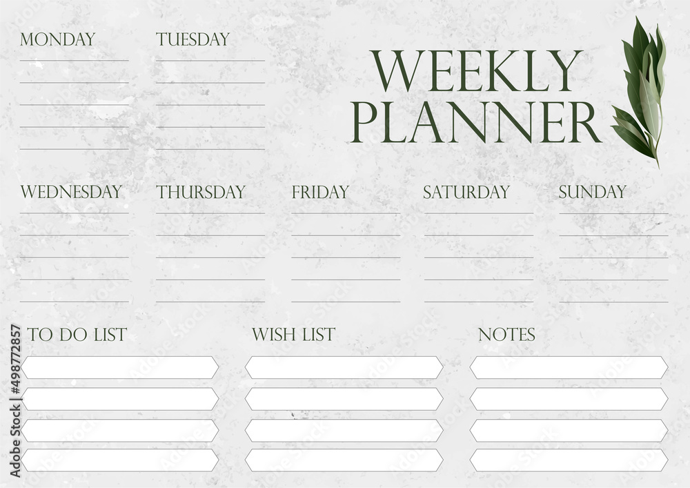 Weekly planner with a sprig of eucalyptus. Vector illustration. Weekly planner with a sprig of eucalyptus. Vector illustration.