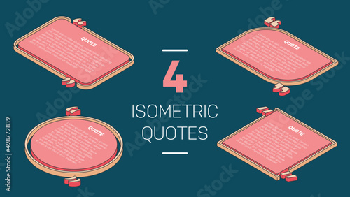 Editable Isometric Quote Frames in salmon and orange color. Variable Text in quote frames with red background.	

