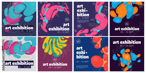 Art center exhibition banners with abstract background with hand drawn fluid shapes and grunge texture. Vector posters of modern gallery with creative painting pattern